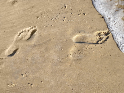 沙子上人类脚的两条轨迹