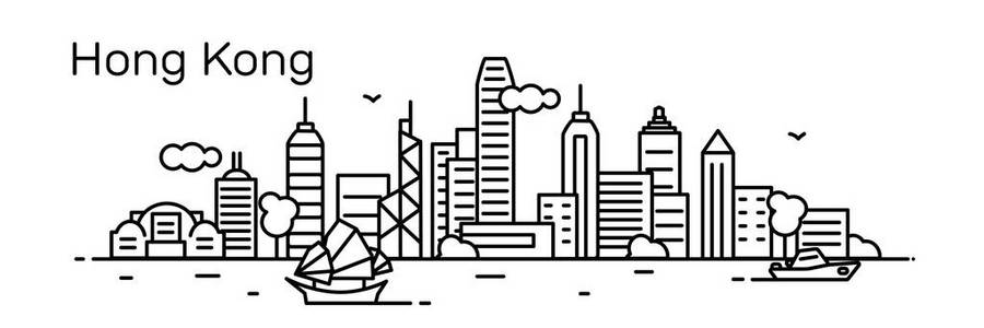 矢量图描边城市剪影的设计与摩天大楼和文字香港在白色背景下被隔绝
