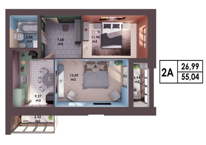 3d. 现代两卧室公寓的渲染计划布局, 顶级视图