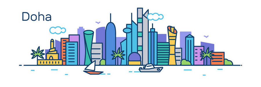 矢量插图描边城市剪影与摩天大楼和文本多哈隔离在白色背景下的设计