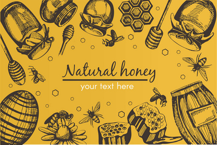 黄色矢量背景，黑色蜂蜜手绘项目蜂巢