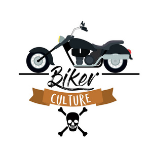 自行车文化海报与经典老式摩托车头骨和骨骼符号白色背景