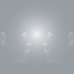 两个3d 白色机器人人点网头面对面矢量图灰色背景未来粒子设计
