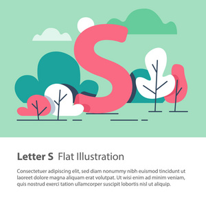爱护树木卡通字体装饰字母, 在花卉背景的字母 s, 公园树木, 简单的