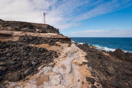 海岸景观和灯塔在布埃纳维斯塔, 北特内里费岛, 加那利群岛, 西班牙