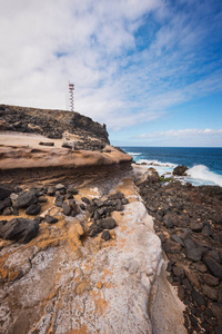 海岸景观和灯塔在布埃纳维斯塔, 北特内里费岛, 加那利群岛, 西班牙
