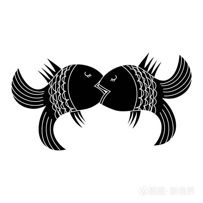 两条鱼的吻黑色的剪影在白色背景上
