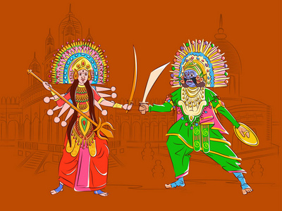执行 Chhau 民间舞蹈的阿萨姆邦，印度的夫妇