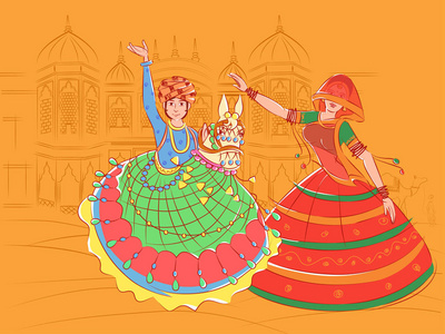 执行 Kachhi ghodi 民间舞蹈的拉贾斯坦邦，印度的夫妇