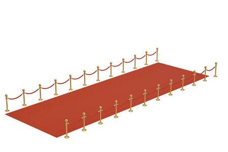 红色地毯和障碍绳索在白色背景。3d 插图