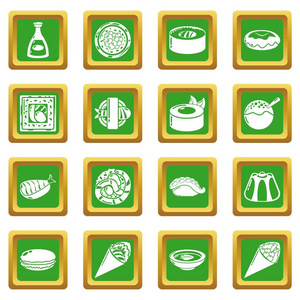 日本食品图标设置绿色方形矢量