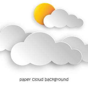 纸艺术云彩和黄色太阳。矢量插图
