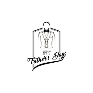 父亲节。男士典雅西装, 领结。节日贺卡。父亲节快乐的字母。向量