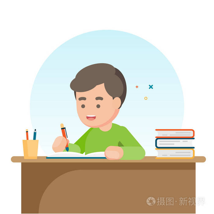 快乐可爱的学校男孩写作为家庭作业 学习概念 向量例证插画-正版