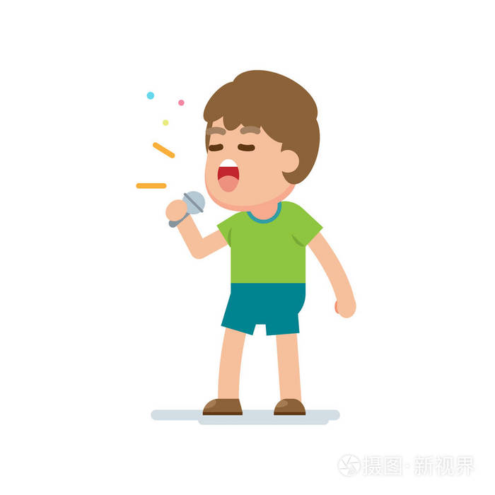 快乐可爱的男孩唱一首歌, 矢量卡通插图