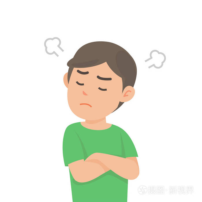 可爱的男孩得到愤怒的战斗与吹从耳朵表达, 矢量插图