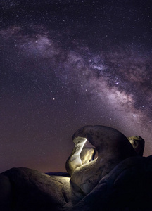 景观在夜空中用星星和银河星系观看沙漠。图像描绘了天文摄影和自然。在光污染较少的地区徒步旅行者可以看到宇宙