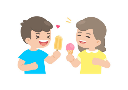 快乐的男孩和女孩吃冰淇淋, 享受甜点, 矢量 il