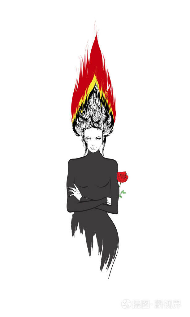 时尚插画.头发风格素描.长时间上网的独立女孩