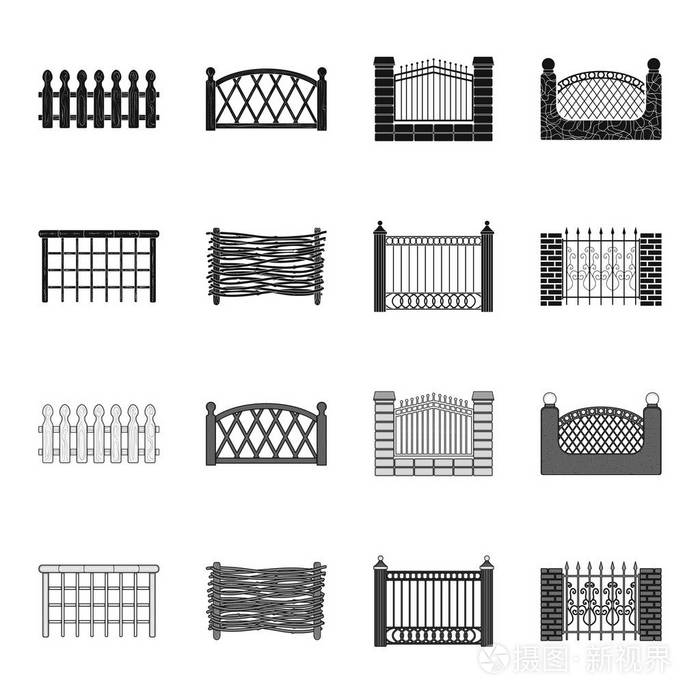 插画 一块金属和砖块的栅栏, 木栅栏.