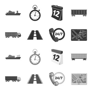 围绕时钟, 道路, 卡车, 太平绅士. Loqistic, 设置集合图标黑色, 单色样式矢量符号股票插画网站