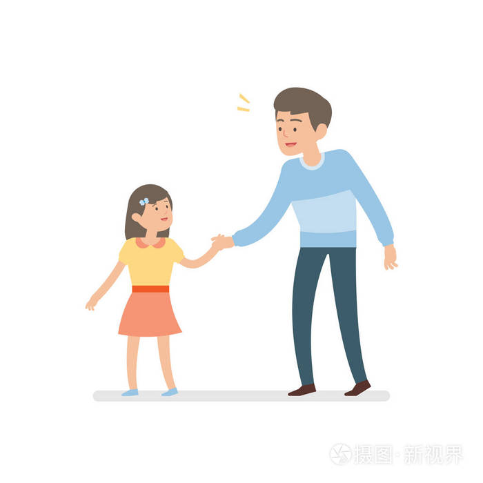 快乐的父亲和女儿牵手走在一起