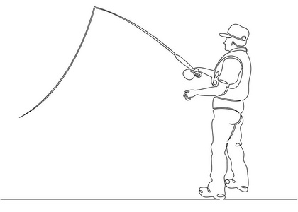 连续单人画一条线渔民在船上和码头上钓鱼旅行