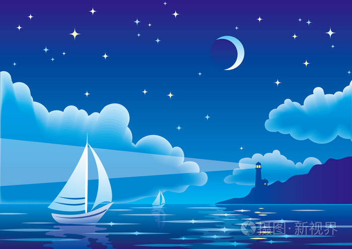 矢量夜海景带帆船和灯塔