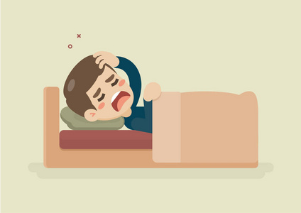 生病的年轻人患有头痛躺在床上, 矢量插图