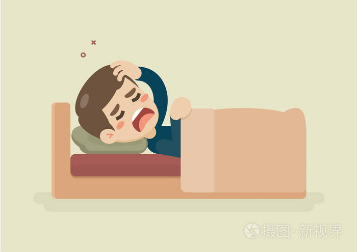 生病的年轻人患有头痛躺在床上, 矢量插图