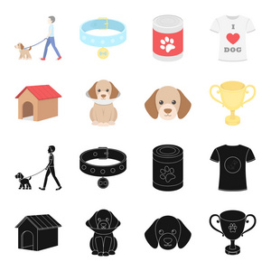 狗屋, 防护项圈, 狗口, 杯子。狗集合图标在黑色, 卡通风格矢量符号股票插画网站