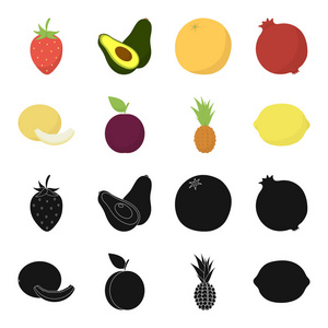 瓜, 李子, 菠萝, 柠檬。水果集合图标在黑色, 卡通风格矢量符号股票插画网站