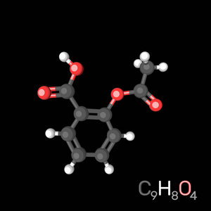 阿司匹林模型分子。在黑色背景上被隔离。3d renderi