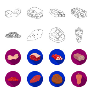 意大利香肠, 火鸡鱼片, 烤牛排, 烤肉串。肉类集合图标的轮廓, flet 风格矢量符号股票插画网站
