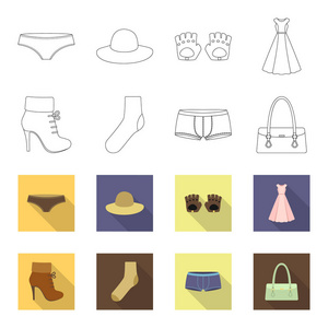 女式靴子, 袜子, 短裤, 女士包。服装集合图标的轮廓, flet 风格矢量符号股票插画网站