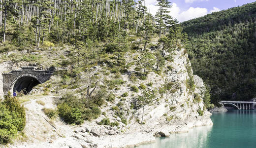 在法国阿尔卑斯山中湖岸树木繁茂。塔尔湖是阿尔卑斯德普罗旺斯在法国某水库