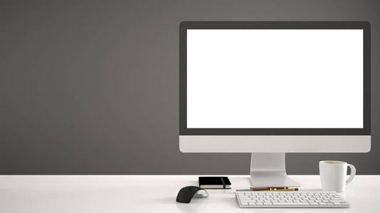 桌面样机, 模板, 办公桌上的电脑与空白屏幕, 键盘鼠标和记事本与钢笔和铅笔, 灰色背景