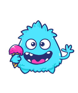 蓝色怪物可爱持有 ic 奶油吉祥物和背景与平面设计风格为您的徽标或吉祥物品牌