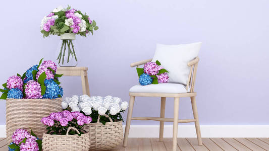 居住面积和五颜六色的花在公寓或家庭室内设计就餐区3d 渲染