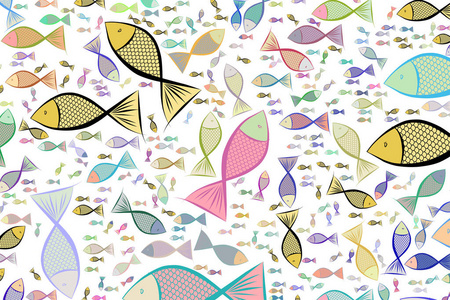 彩色鱼插图背景, 手绘。载体, 海, gr