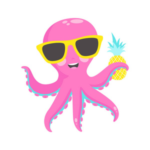 可爱的粉红色章鱼与菠萝。矢量插图