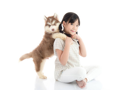 美丽的亚洲女孩拥抱哈士奇狗分离的白色背景上