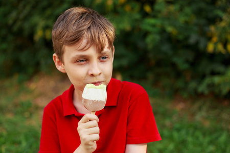 男孩喜欢吃冰淇淋。童年, 家庭, 人, 糖果 c