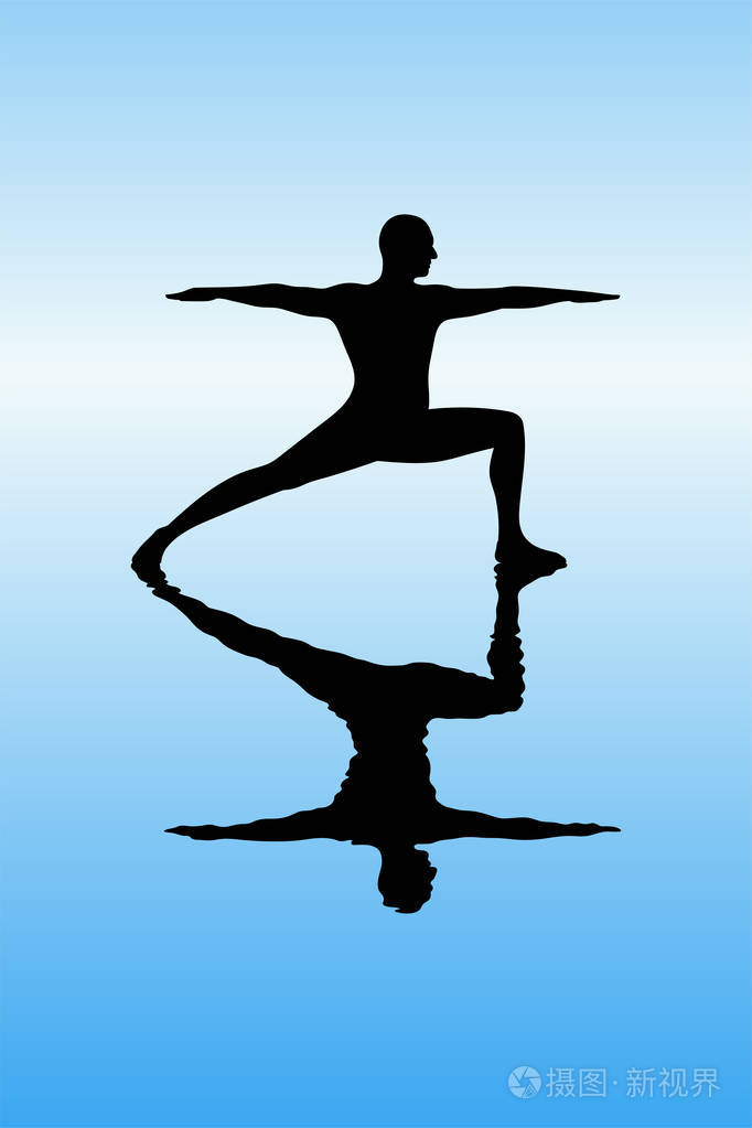 向量例证与瑜伽士的独立剪影在战士的姿态.蓝色柔和背景
