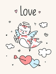 可爱的丘比特猫在天上飞, 弓和箭围绕着许多的心。矢量爱情与情人节平面动物插画卡