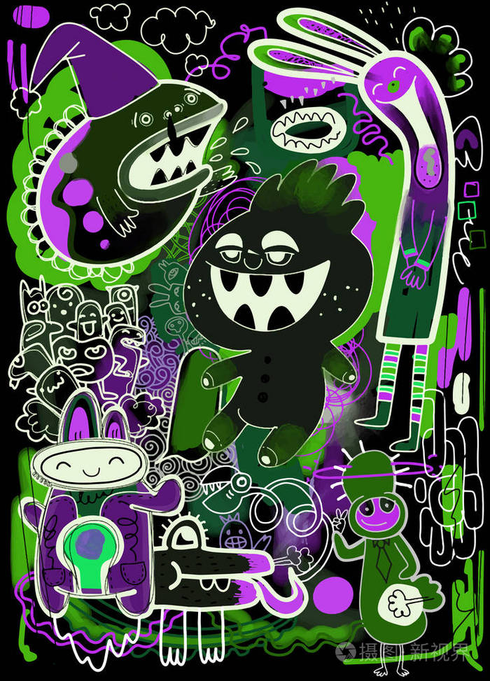 矢量插图的涂鸦可爱的怪物背景, 手绘插画-正版商用图片0uhq81-摄图新