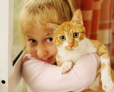 七岁女孩的肖像抱着可爱的红猫