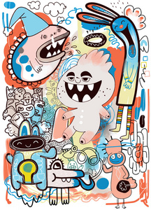 漫画手绘全身图矢量插图的涂鸦可爱的怪物背景, 手绘照片