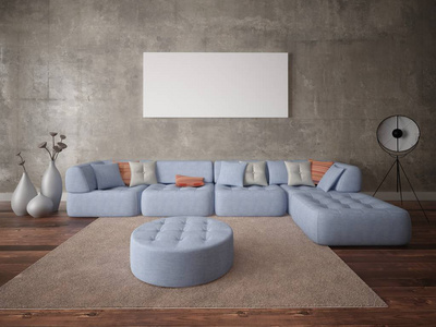 模拟一个时尚的客厅与一个大的角落沙发和时髦的时髦背景