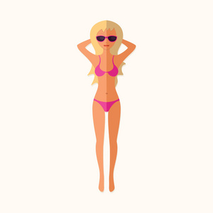 美丽的女孩在沙滩泳装。穿着比基尼的细长金发女郎。孤立背景下设计的矢量平图